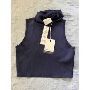 NWT C/MEO Collective Sober Thoughts Knit Turtle Crop Top Navy Blue Sz Medium